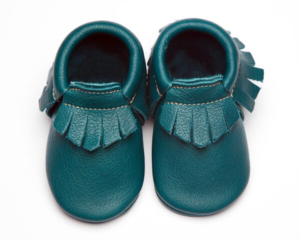 Peacock Moccs – Eco-Friendly Soft Leather Moccasins Baby Shoes by Wolfie and Willow